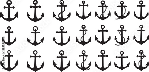 Set of sea anchor symbol set isolated silhouette vector icon  illustration with white background.