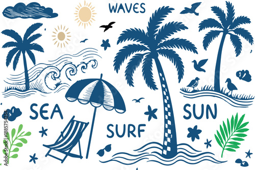 A charming vintage illustration depicts a tropical beach scene with palm trees waves a beach umbrella and seaside elements like shells and birds high-quality.