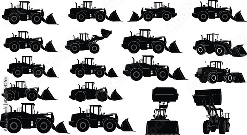Wheel loader construction machinery silhouettes set showing heavy industrial vehicles for building engineering infrastructure and earthmoving projects design collection