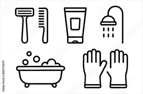 Bathroom essentials razor brush lotion shower and cleanliness icons displayed