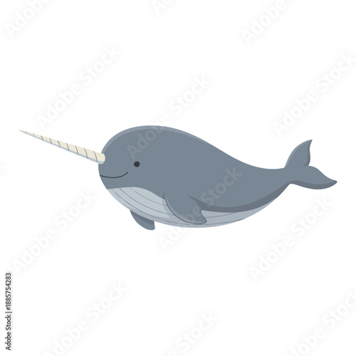 Cute narwhal whale character swimming with a happy smile isolated on white background for marine life and children education