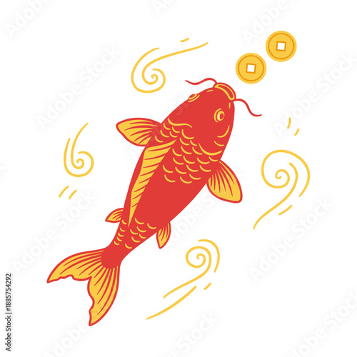 Traditional Chinese red koi fish swimming upwards with ancient coins and clouds for prosperity and good luck auspicious design