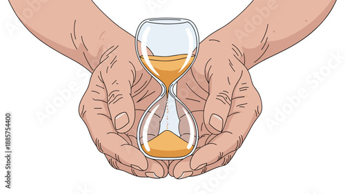 Cupped hands gently hold a transparent hourglass, filled with golden sand steadily flowing, symbolizing the value and flow of time.