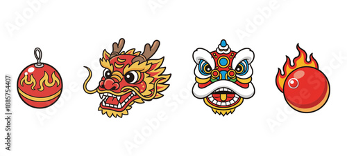 Set of Chinese cultural icons including fire pearl dragon head and lion dance mask for Lunar New Year festival celebration 2D vector elements