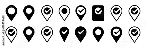 Black-and-white icons of round map pins arranged in a grid, each pin showing a drop shape with a circular base and rounded top.