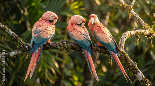Colorful macaws perched on a branch in the jungle