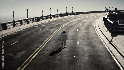 Fotografie An astronaut walks alone on an empty road, surrounded by a stark landscape