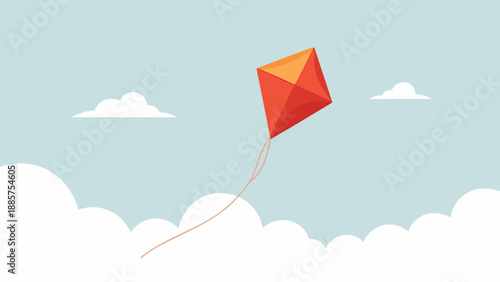 Red kite flying high in a clear blue sky with fluffy white clouds, showcasing a vibrant design and playful spirit of outdoor activities