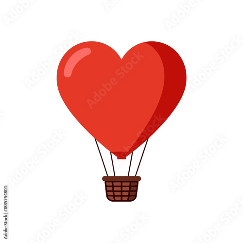 Red heart shaped hot air balloon with brown wicker basket flying in the sky, romantic travel and love delivery concept, colorful flat vector
