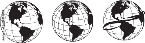 Black and transparent isolated globe, modern drawn element. Earth symbol, with meridians. The side of America silhouette vector icon illustration with white background.