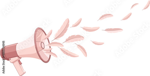 Megaphone blowing out soft feathers instead of sound representing gentle communication kindness and peaceful messaging