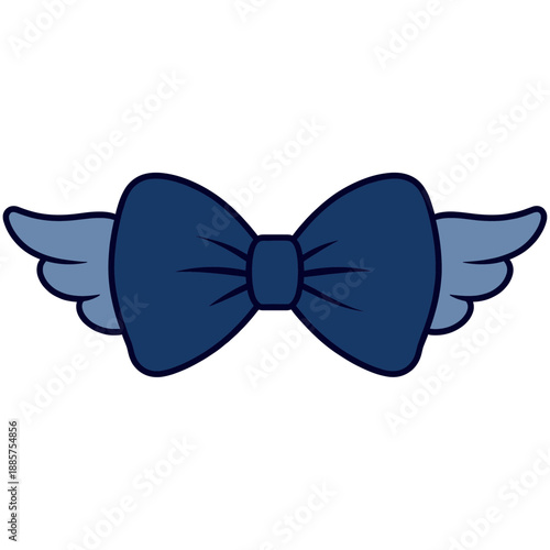 Dark blue bow tie with light blue wings icon, elegant formal fashion and flying gentleman concept, minimalist flat vector graphic illustration