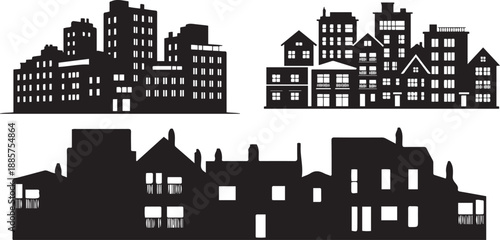 Set of black town, apartments, group of building icons silhouette vector illustration with white background.