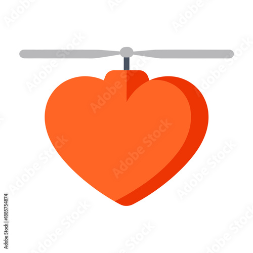 Red heart shaped drone with grey propeller blades flying, romantic technology and modern love delivery concept, minimalist flat vector icon