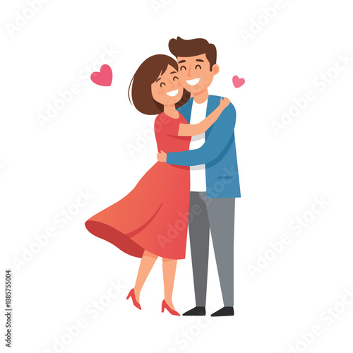 A romantic cartoon illustration of a happy boy and girl with a heart celebrating Valentine's Day as a vector art drawing of love and happiness
