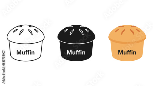 Three colored muffin icons in line black white and orange on white background