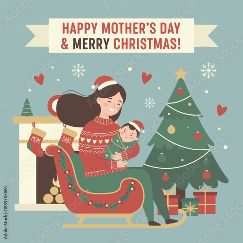 Merry Christmas greeting card design featuring a happy cartoon Santa Claus and a snowman celebrating the winter holiday with a decorated tree, gifts, and snowflakes in a vector illustration