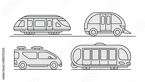 Futuristic Transport: A collection of innovative, sleek, and eco-friendly vehicles poised to redefine the future of transport, all presented in a clean and minimalist graphic style.