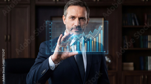 Businessman in suit and tie working with digital business chart on virtual screen