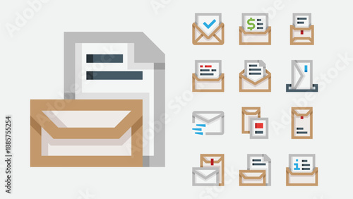 Paperwork delivery and document shipping icons set