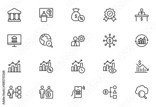Trading Outline Icon Set – Banking and Finance Thin Line Icons Collection Including Bank, Currency Exchange, Cheque, Security Guard, Money Transfer, Loan and Mobile Banking, Modern Vector Illustration