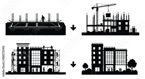 Construction stages from foundation to completed building a visual depiction