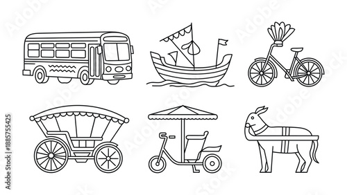 Vehicular Voyage in Line Art: A captivating collection of meticulously crafted line art illustrations showcases a variety of transport modes, each possessing its own unique charm and functionality.