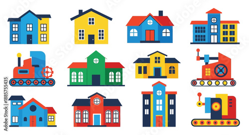 Colorful illustrations of houses trains and buildings in a playful cartoony style