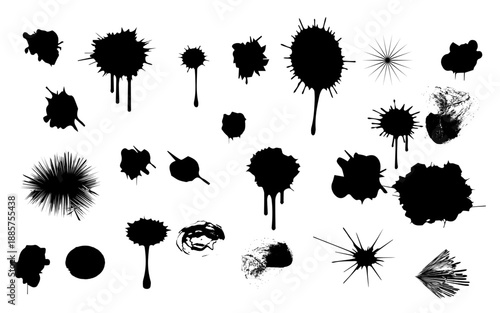 set of black ink blots black and white background