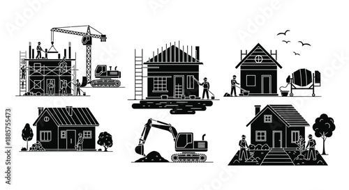 Construction site showing various stages of house building and heavy machinery