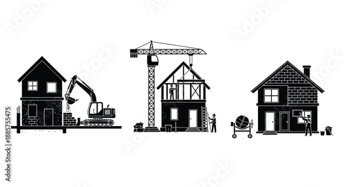 Construction process illustrated with houses excavator crane and building framework