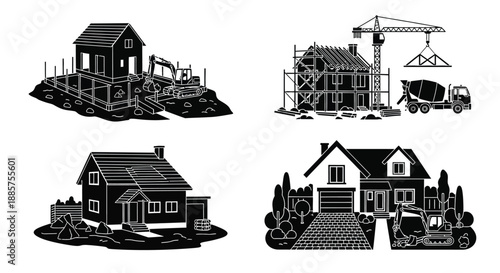 Construction stages of a house from foundation to finished building