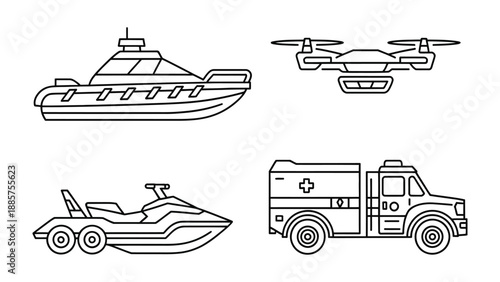 Essential Transportation Collection: A detailed line art illustration showcasing diverse modes of transportation, from a swift watercraft to an innovative drone, embodying the essence of mobility.