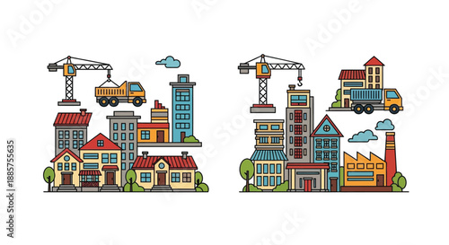 Colorful illustration of industrial buildings construction cranes and factory structures