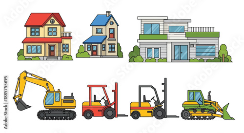 Colorful cartoon houses and construction vehicles set isolated on a white background