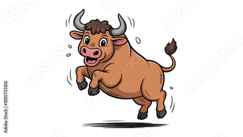 Joyful Bull Illustration: An animated bull leaps playfully with a jovial expression, horns held high, and a lighthearted spirit.