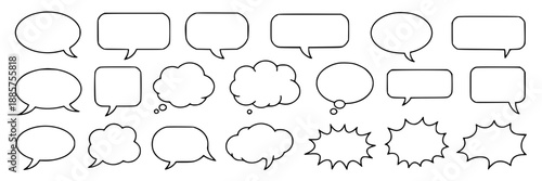 A collection of various hand-drawn, cartoon-style speech bubbles and thought clouds in black outline on a white background, arranged in rows.