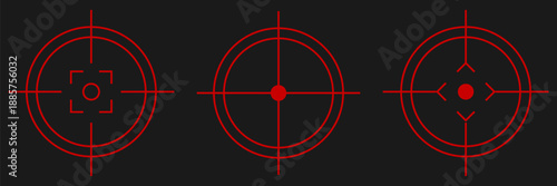 Collection of futuristic red targeting reticles. Vector crosshair symbols for military HUD design, tactical shooter games, weapon scopes, aim assistance systems, and sci fi combat interfaces.