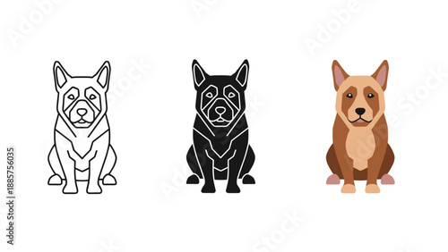 Three dog illustrations in different styles outline silhouette and colored sitting on white