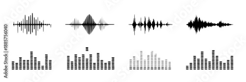 Eight different black digital sound waves and audio spectrum equalizer bars set on a plain white background, isolated.