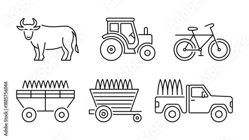 Farm Life Essentials: Depicting essential elements of rural farm life. Icons of farm tools and animals. 