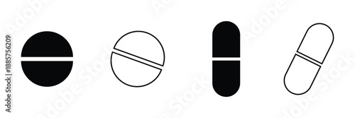 Pills line and silhouette icon set. person with drug medication symbol. medicine treatment pictogram. patient antibiotic prescription. editable stroke. ablet icon, soluble pill, isometric. eps 10 .