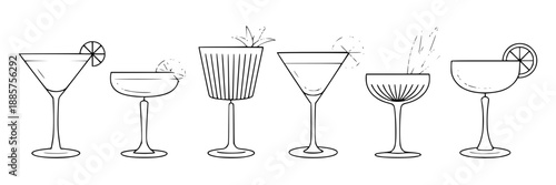 A row of six different classic-style cocktail glasses, some with line art garnishes, in a simple black and white line drawing illustration.