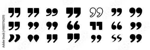 A grid of various black quotation mark symbols against a plain white background, showing different styles and weights