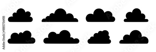 Eight black cumulus cloud silhouettes arranged in a horizontal line on a bright white background, used as flat design vector icons.