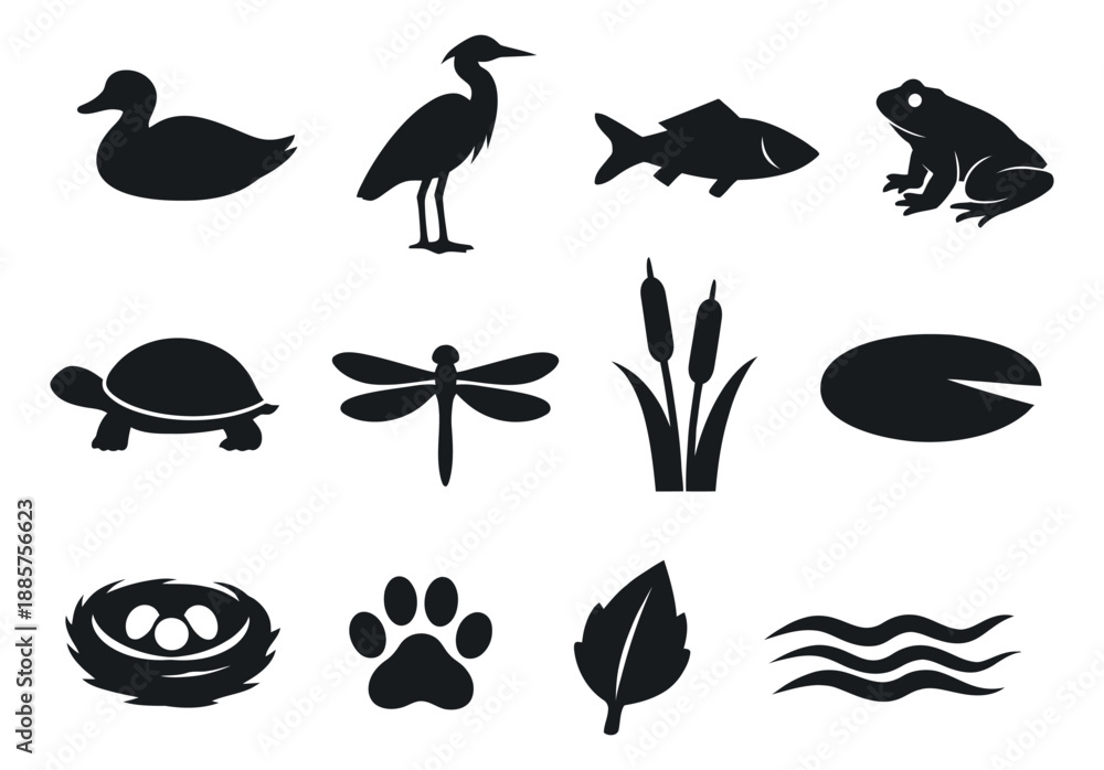 Obraz premium Simple silhouette pond life set featuring various animals and plants for nature education