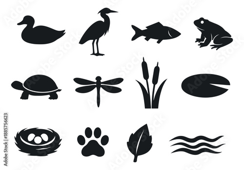 Simple silhouette pond life set featuring various animals and plants for nature education