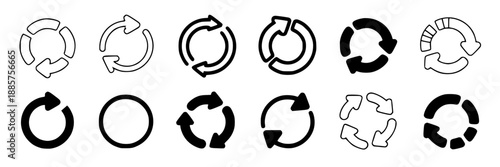 A grid of twelve different styled black and white circular arrow icons, including outlines and filled shapes, on a plain white background.