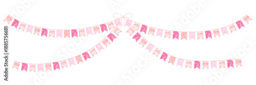 Light pink garland with small rectangular pennant flags hanging on string festive decoration for birthday party baby girl celebration garden fair isolated watercolor clipart