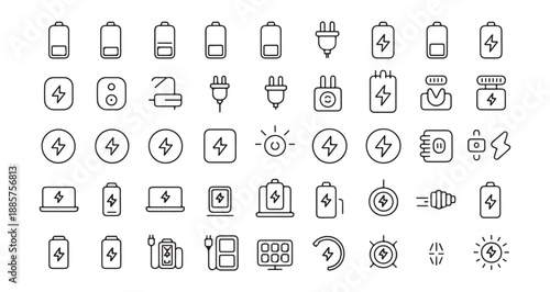 Battery Icons Set with Various Charging Symbols on White Background